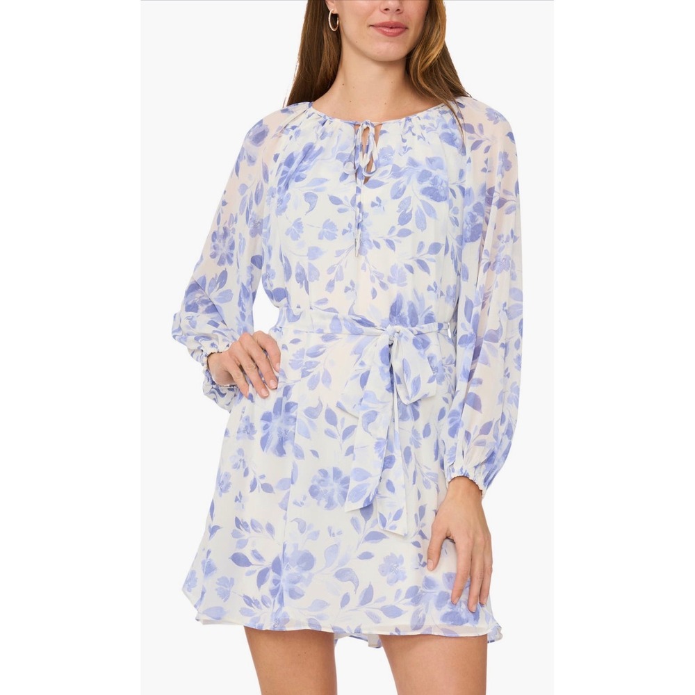 Parker New Ivory Blue Floral Long Sleeve Tie Waist Dress L